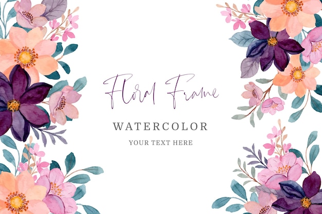 Vector pink and burgundy floral frame with watercolor