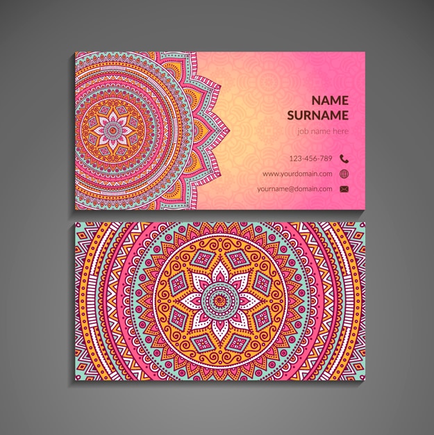 Pink business card with mandala in boho style