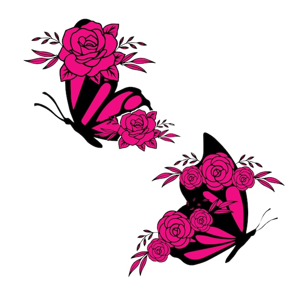 A pink butterfly and a pink butterfly with a black outline on the bottom.