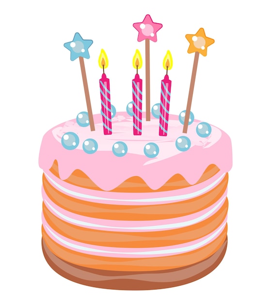 Vector pink cake with candles isolated on white vector illustration for cards