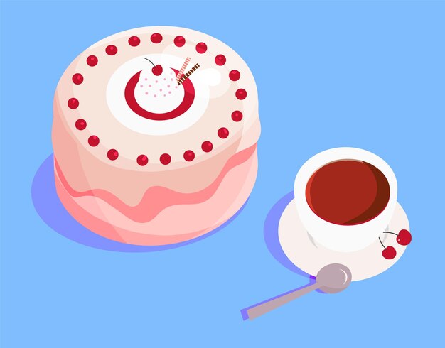 Vector pink cake with cherries and a cup of tea on a saucer