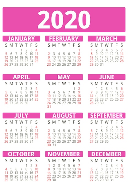 Calendario rosa 2020 anni, stile piatto