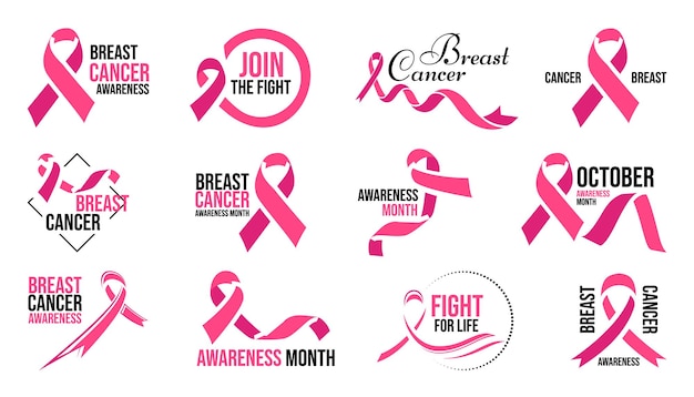 Иконки розовой раковой ленты Изолированный логотип розовых лент Эмблема ленты осведомленности о раке молочной железы