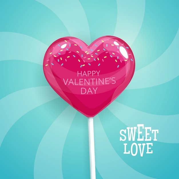 Pink candy on a stick in the form of heart. Happy Valentines Day postcard. Lollipop  illustration.