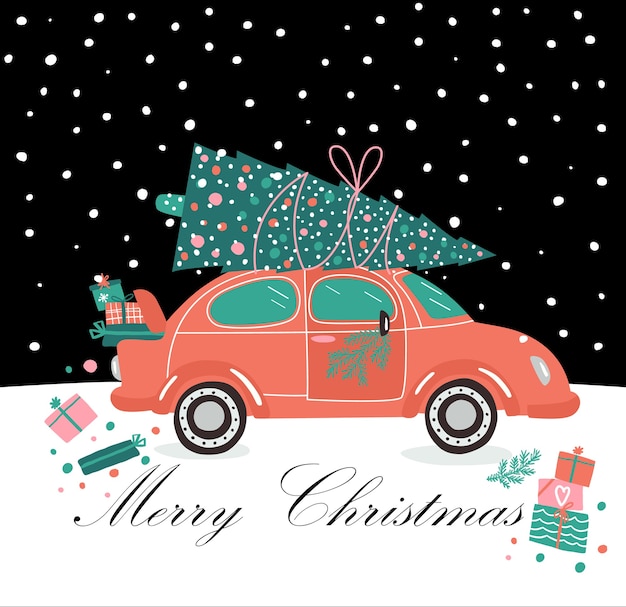 Vector pink car and christmas gifts and tree. christmas picture. red pickup. new year illustration delivery service.