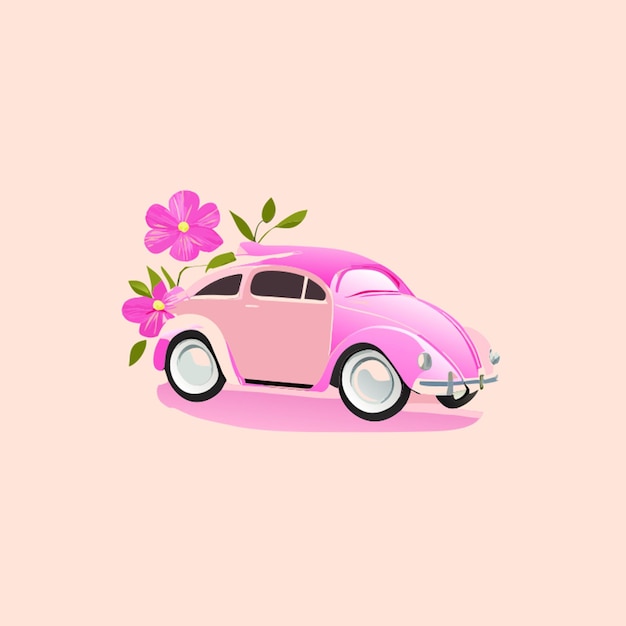 a pink car and flowers