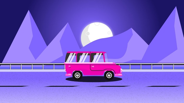 月の夜と山の中のピンクの車