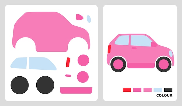 벡터 핑크색 자동차 패턴은 패치워크와 종이 공예품을 위해 잘라서 붙여 넣는 퍼즐 패턴입니다.