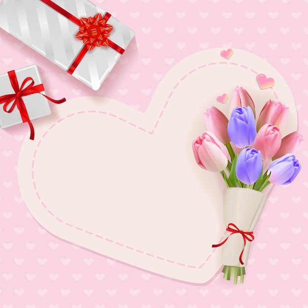 Pink card with a bouquet of tulips, gifts and hearts