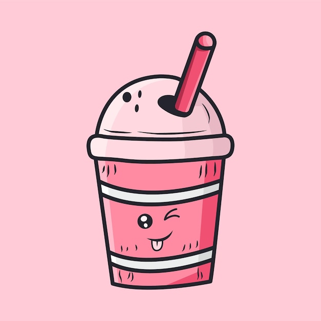 A pink cartoon illustration of a cup of iced coffee with a straw.