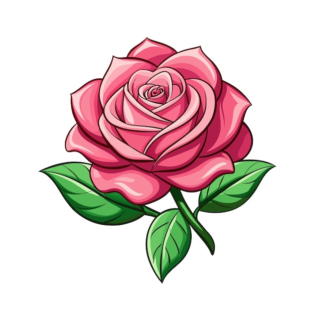 pink cartoon rose flower with green leaves on white