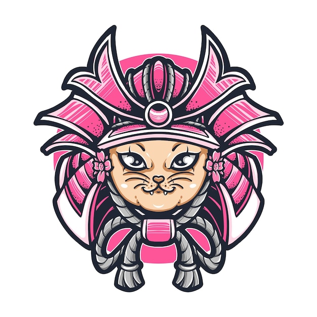 Pink cat samurai vector logo