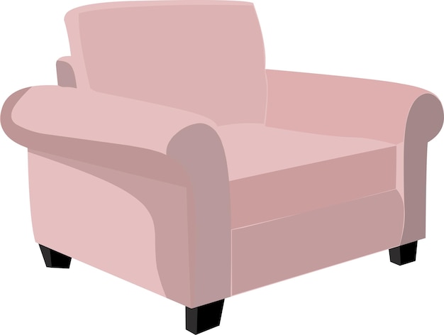 A pink chair with black legs and a white background.