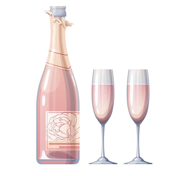 Vector pink champagne with glasses for valentine s day on a white background holiday romance bottle of sparkling wine vector illustration