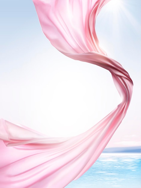 Vector pink chiffon elements, flying cloth on ocean background