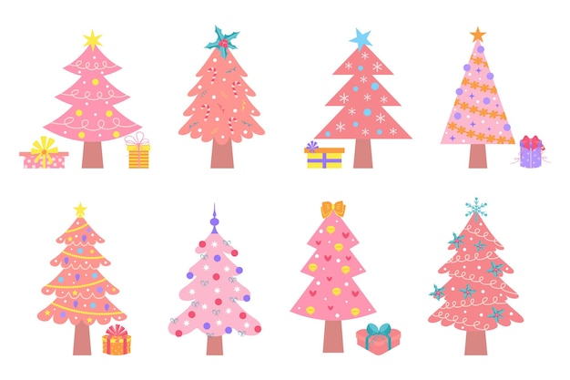 Pink christmas trees set Cute pastel decorated Christmas trees with presents Winter holidays glamour