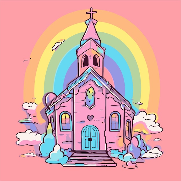 A pink church with a rainbow on it