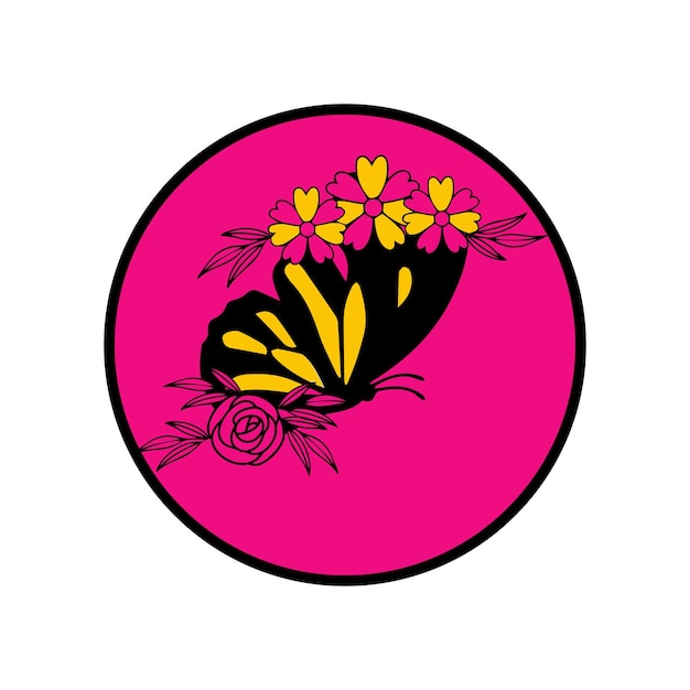 A pink circle with a butterfly on it