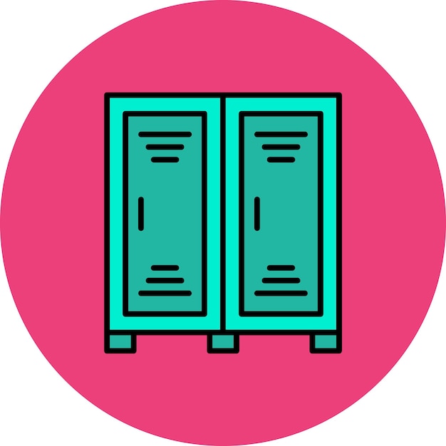 a pink circle with two doors that say  the one is blue