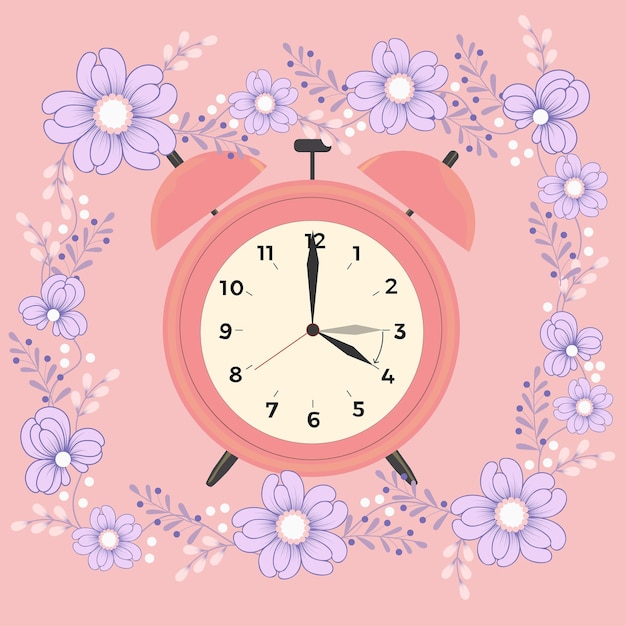 Vector pink clock with fowers frame on a pink background