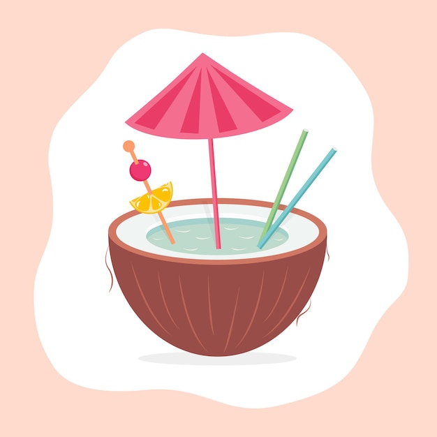 A pink coconut with a pink umbrella vector ullustration