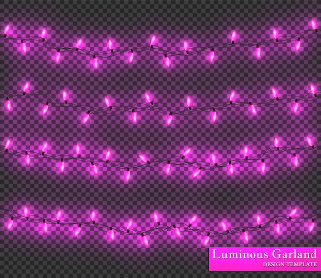 Pink color garland, festive decorations. glowing christmas lights isolated on transparent background.