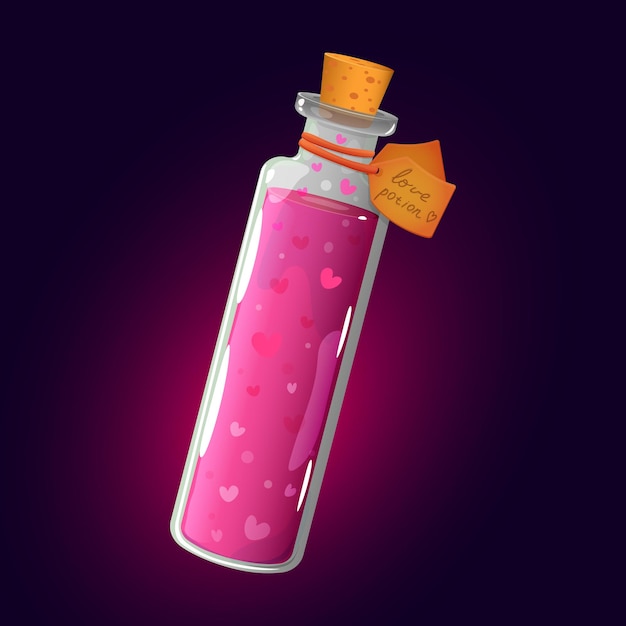 Vector pink color love potion in a glass bottle design element icon for game vector illustration