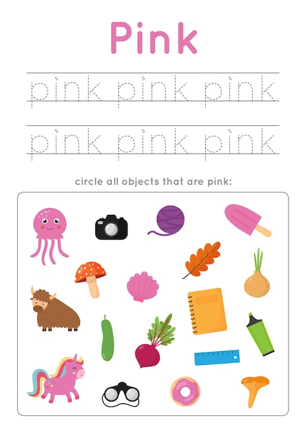 Pink color worksheet. learning basic colors for preschoolers. circle all pink objects. handwriting practice for kids.