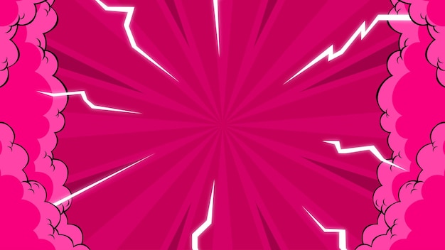 Pink comic background with cartoon cloud and lightning vector illustration