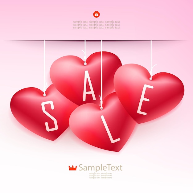 Розовая композиция с набором красных сердечек на подвесках и распродажей текста