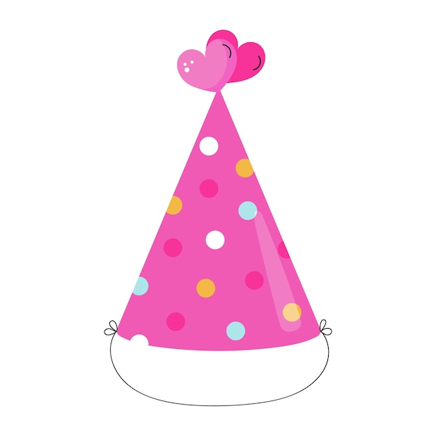Pink cone hat with dots and hearts. Colorful accessory for Birthday party. Bright icon in flat styl