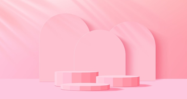 Podio rosa o corallo espositore per prodotti o piattaforma mockup vettoriale con sfondo a parete ad arco pastello piedistallo 3d realistico di studio con base geometrica per la presentazione di prodotti o premi