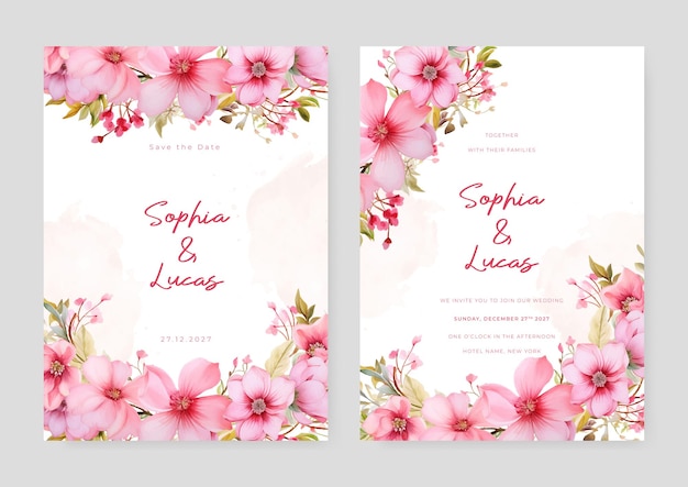 Розовый космос красивый шаблон свадебной приглашения карты набор с цветами и цветочными
