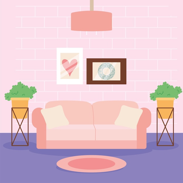 居間のシーンのピンクのソファ