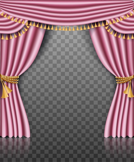 Vector pink curtain frame with golden decorations on transparent