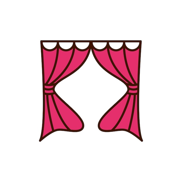 Vector a pink curtain icon with a black outline and the word theater on it.