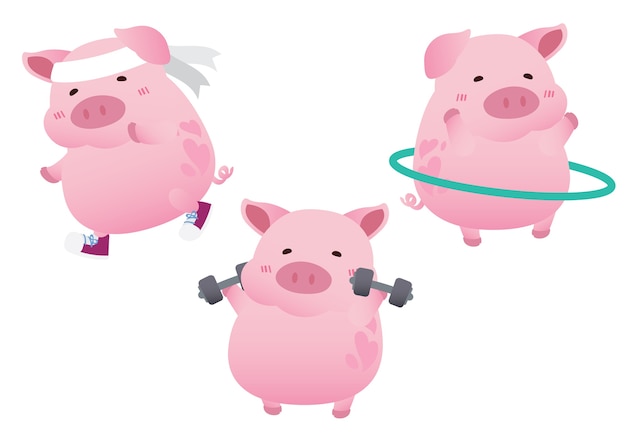 Vector pink cute pig exercise diet character design vector