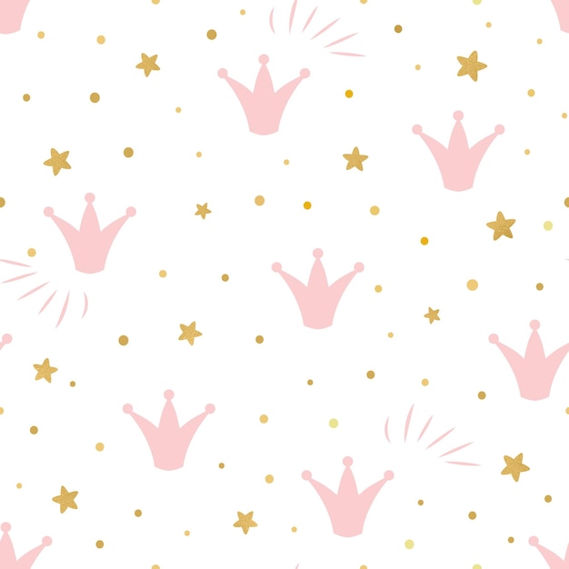 Pink cute princess pattern seamless background with a pink crown gold stars on a white background can be used for wallpaper pattern fills web page background surface textures vector illustration