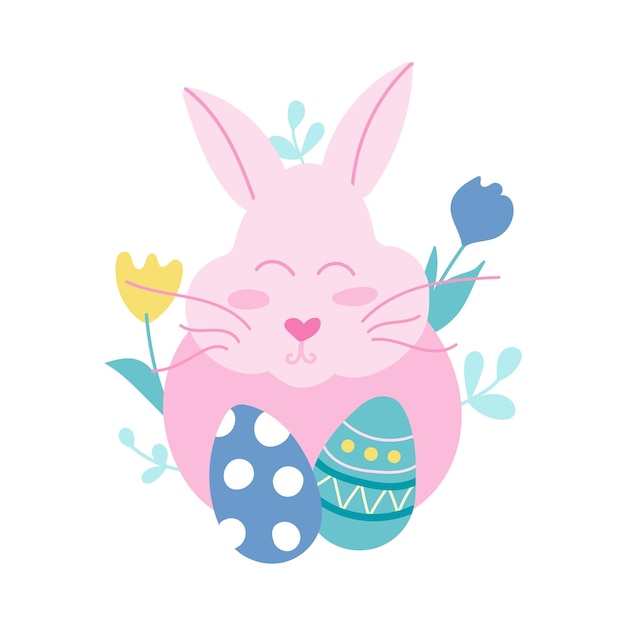 Vector pink cute rabbit with easter eggs among flowers and plants vector flat illustration