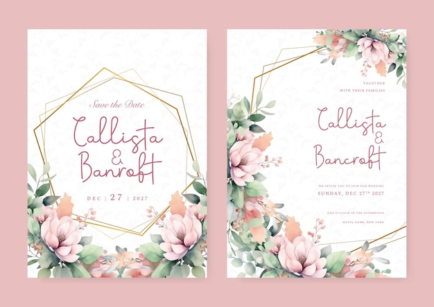 Pink dahlia wedding invitation card template with flower and floral watercolor texture vector