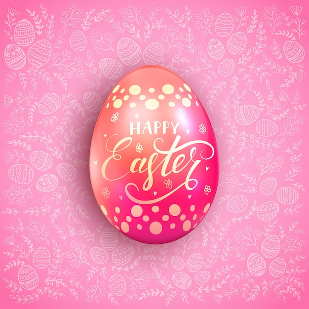 Pink decorative Easter egg with holiday lettering Happy Easter on a background of floral patterns illustration