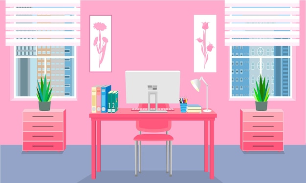 Vector pink desk in office room