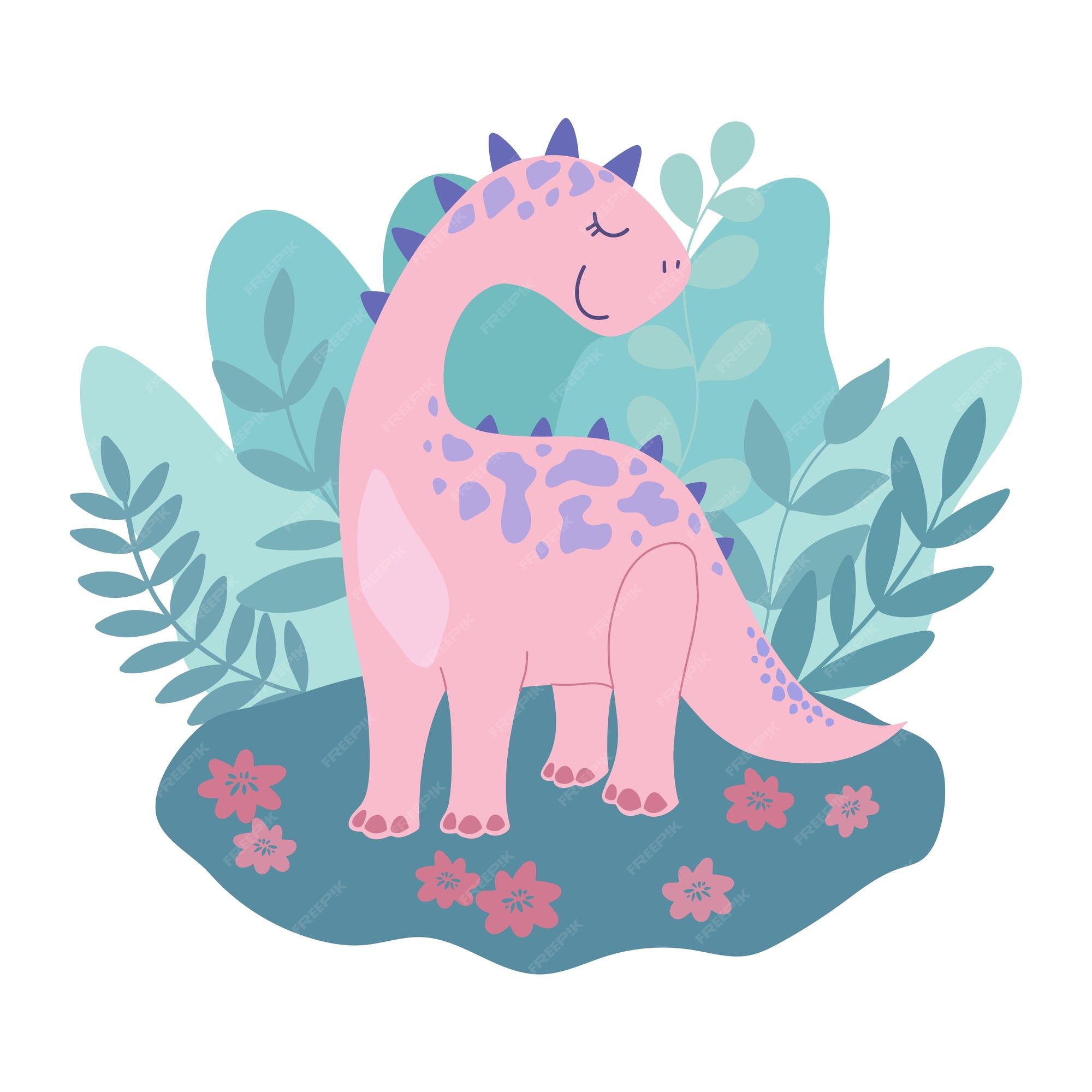 Premium Vector | Pink dinosaur on a background of leaves and flowers