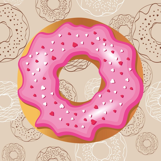 Pink donut on a beige background decorated with hearts donuts drawn in a realistic style in vector