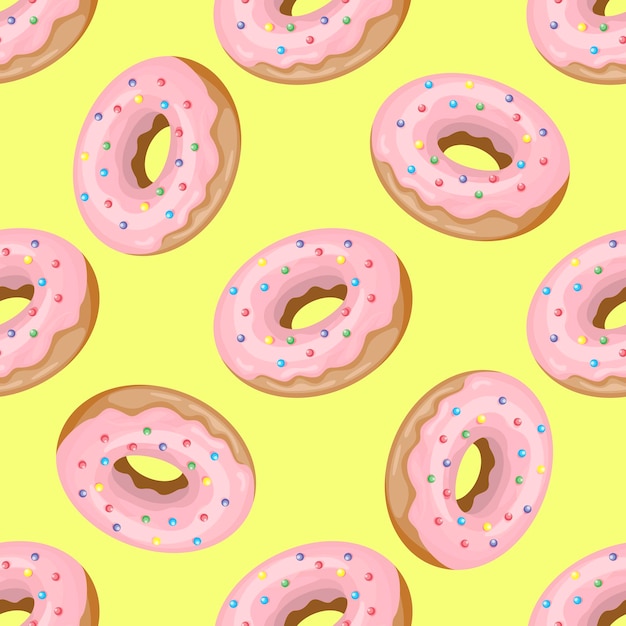 Pink donut on yellow seamless pattern. Cute sweet dessert sign fabric textile wrap paper background