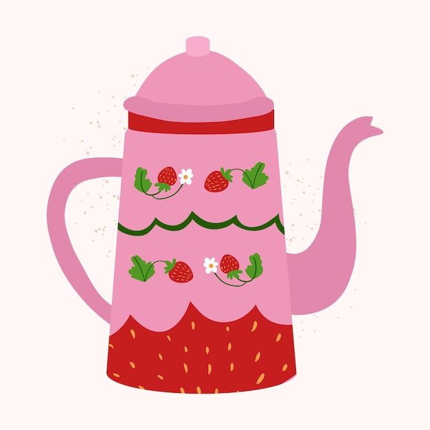 Pink doodle vector kettle with strawberry decor Isolated hand drawn tea pot sticker