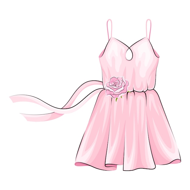 Pink Dress with Flared Skirt and Ribbon Adornment Vector Illustration