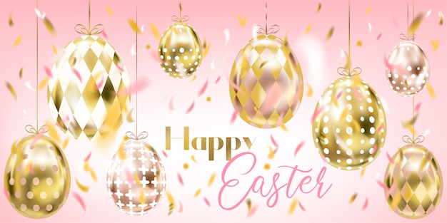 Pink easter banner with gold eggs and confetti