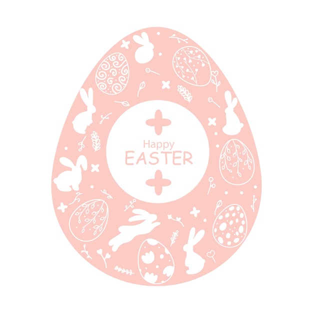 Pink Easter egg isolated on white background with silhouette of Easter bunnies eggs and flowers