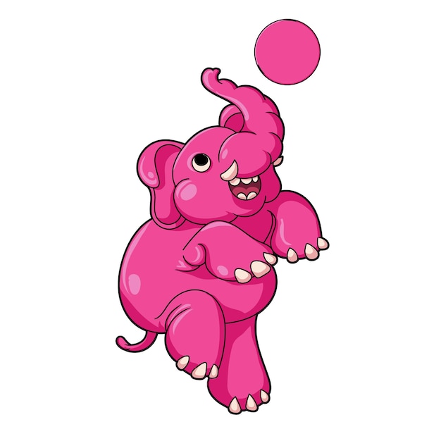 공중에서 공을 가지고 노는 분홍 코끼리.